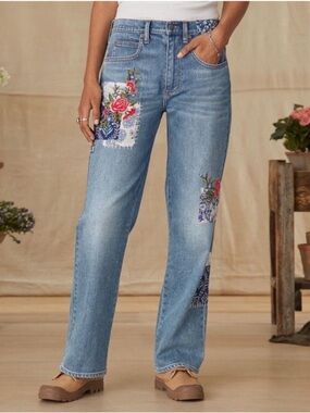 Sundance Embroidered Jeans Patch Work Floral Women Sz 31 Blue Straight Leg